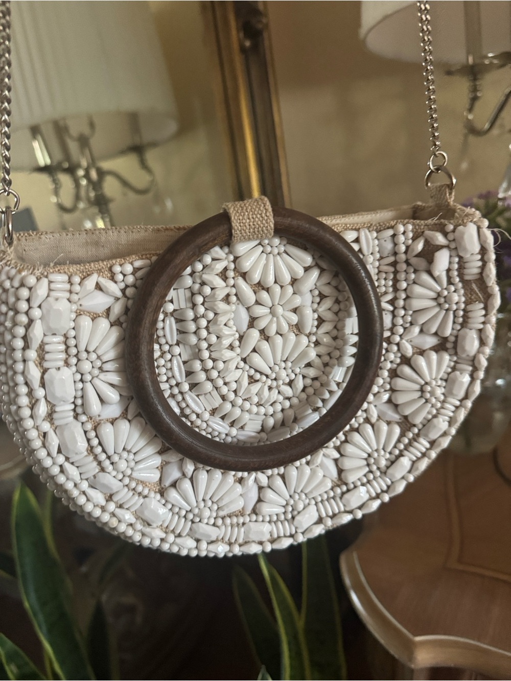 Zara White Beaded Mini Shoulder Bag with Wood Ring